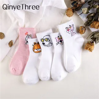 Japanese Kawaii Women Animals Cartoon Tube Socks Cute Egg Rabbit Panther Cotton Long Socks Female and Ladies Pink Milk White Sox