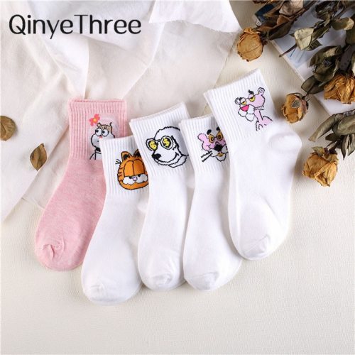 Japanese Kawaii Women Animals Cartoon Tube Socks Cute Egg Rabbit Panther Cotton Long Socks Female and Ladies Pink Milk White Sox