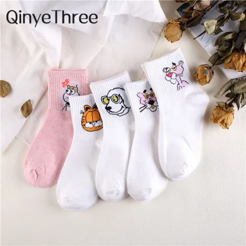 Japanese Kawaii Women Animals Cartoon Tube Socks Cute Egg Rabbit Panther Cotton Long Socks Female and Ladies Pink Milk White Sox