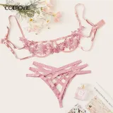 COLROVIE Blue Harness Appliques Underwire Sexy Women Intimates 2019 Black Thongs V-String Transparent Female Underwear Bra Set