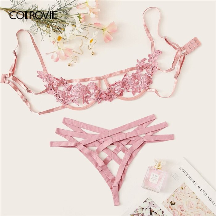 COLROVIE Blue Harness Appliques Underwire Sexy Women Intimates 2019 Black Thongs V-String Transparent Female Underwear Bra Set