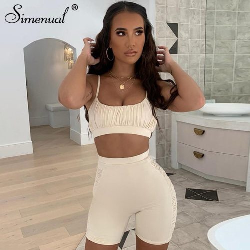 Simenual Ruched Workout Active Wear Matching Set Women Strap Casual Sporty 2 Piece Outfits Summer Camis And Biker Shorts Sets