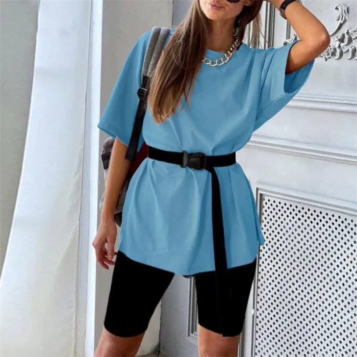 Women fashion casual solid two piece suit including belt New home loose Tops and Shorts suit 2020 Summer Tracksuit Lounge Wear