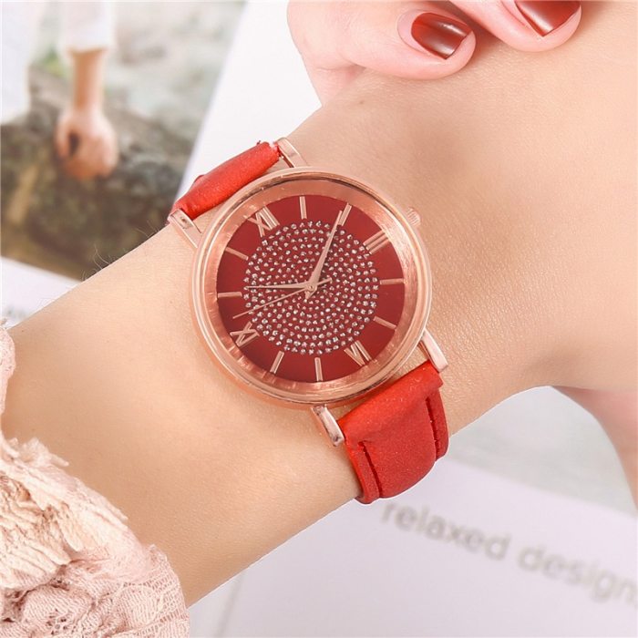 Dial Watches for Women Fashion Roman Scale Rhinestone Leather Ladies Quartz Watch Female Wrist Watch
