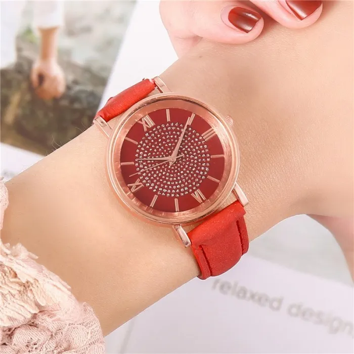 Dial Watches for Women Fashion Roman Scale Rhinestone Leather Ladies Quartz Watch Female Wrist Watch