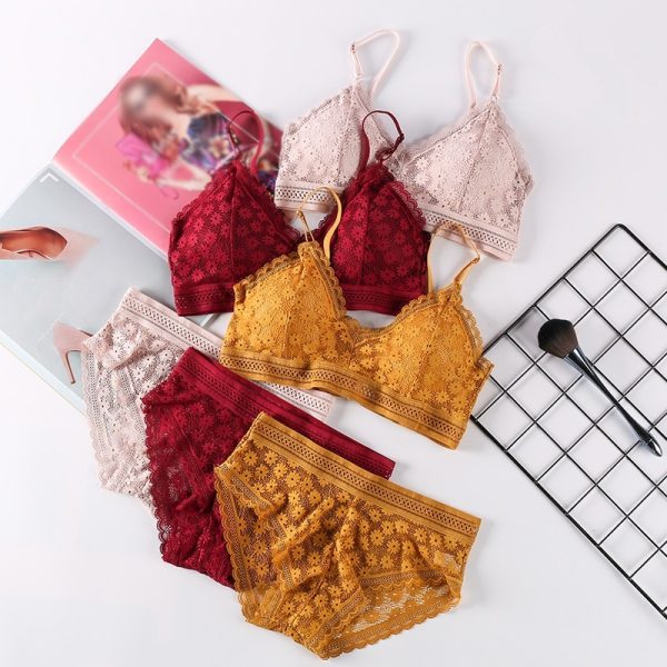 Women Lace Sets Sports Bra Ultrathin Panties Beauty Back Wrapped Chest Brassiere Lingerie Stretch Triangle Cup Padded Underwear
