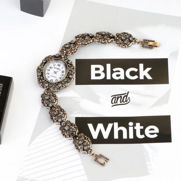 Brand Women Ancient Gold Bracelet Luxury Watches Grey Rhinestone Ladies Quartz Wristwatch Casual Women Dress Colck