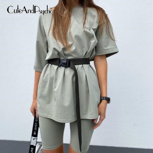 Basic Oversize Two Piece Short Set for Women Casual Tshirt and Shorts Set Homewear Streetwear Joggers Women 2 Sets Cuteandpsycho