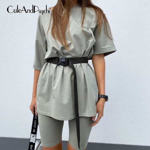 Basic Oversize Two Piece Short Set for Women Casual Tshirt and Shorts Set Homewear Streetwear Joggers Women 2 Sets Cuteandpsycho