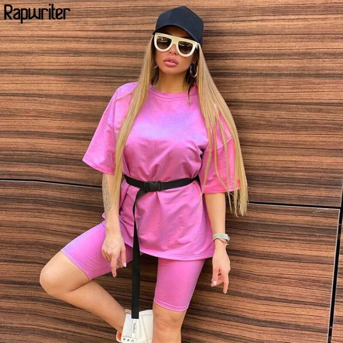 Rapwriter Solid Summer Oversized Tshirt And Shorts Two Piece Set Women Slim Shorts Long Tee Shirt Outfits Femme Biker Track Suit