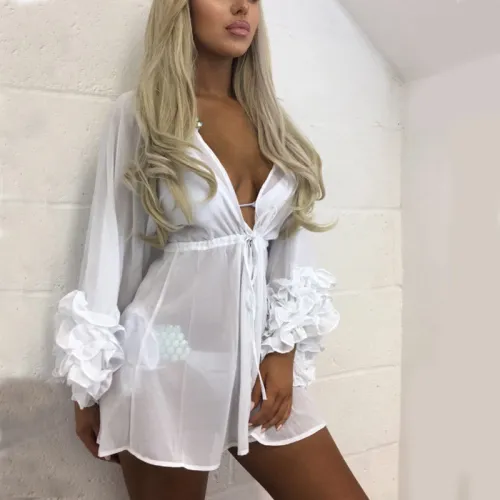 Summer Sexy Beach Mini Dress Women Long Puff Sleeve Bikini Cover Up Tunic Pareo Sarong Swimwear Mesh Sundress Robe