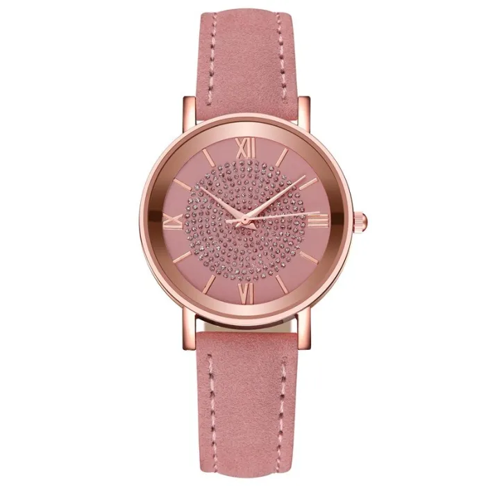 Dial Watches for Women Fashion Roman Scale Rhinestone Leather Ladies Quartz Watch Female Wrist Watch