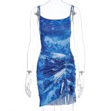 Simenual Aesthetic Print Sexy Women Party Dresses Fashion Sleeveless Strap Drawstring Ruched Clubwear Mini Dress Bodycon Summer
