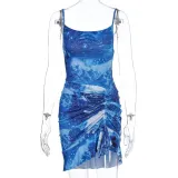 Simenual Aesthetic Print Sexy Women Party Dresses Fashion Sleeveless Strap Drawstring Ruched Clubwear Mini Dress Bodycon Summer