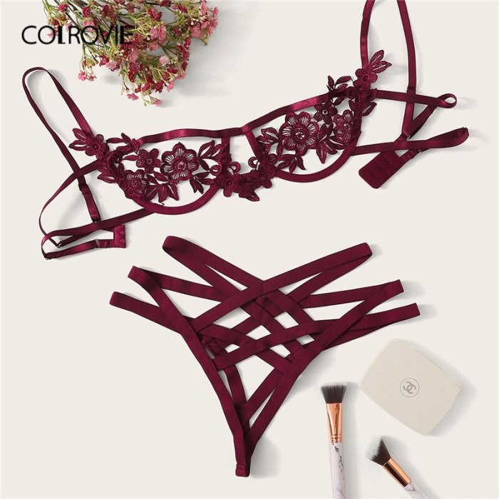COLROVIE Blue Harness Appliques Underwire Sexy Women Intimates 2019 Black Thongs V-String Transparent Female Underwear Bra Set