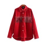 Vintage Stylish Fringe Beaded Oversized Jacket Coat Women 2020 Fashion Long Sleeve Frayed Trim Ladies Outerwear
