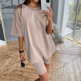 Sweetown Casual Workout Women Two Pieces Sets Short Sleeve Sporty Active Wear Fashion Outfit Summer Top And Biker Shorts Set