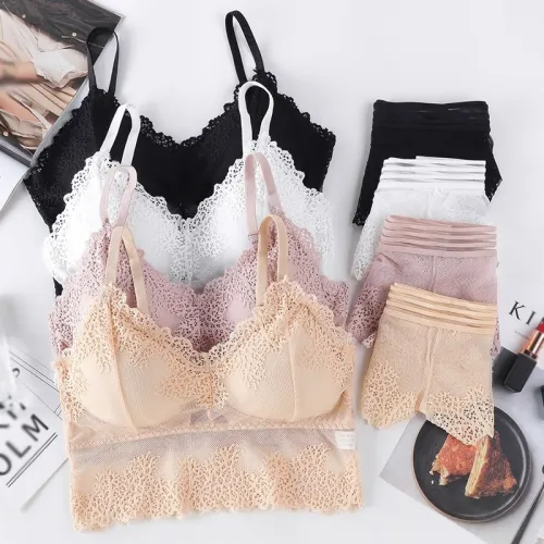 Fahion V-Neck Lace Gathered Bra Set Female Wrapped Chest Women Lace Bras With Briefs