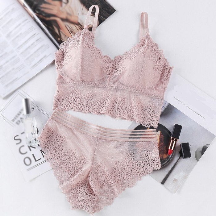 Fahion V-Neck Lace Gathered Bra Set Female Wrapped Chest Women Lace Bras With Briefs