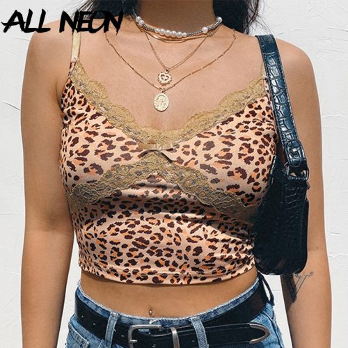 ALLNeon Y2K E-girl Leopard Criss-cross Lace Front Camis Tops Punk Style Fashion Summer Backless Crop Top Streetwear Party Wear