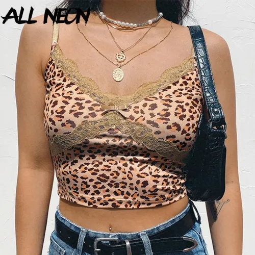 ALLNeon Y2K E-girl Leopard Criss-cross Lace Front Camis Tops Punk Style Fashion Summer Backless Crop Top Streetwear Party Wear