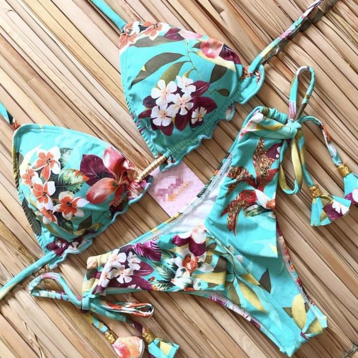 2020 Sexy Bandeau Bikini Print Women's Two-Piece Swimsuit Bikini One Shoulder Swimwear Brazilian Set