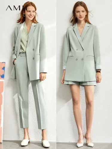 Minimalism suit set for women Autumn  4 piece set women Solid blazer,vest,high waist pants  women's costumes 12060909