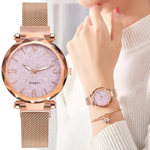 Rose Gold Women Watch 2020 Top Brand Luxury Magnetic Starry Sky Lady Wrist Watch Mesh Female Clock