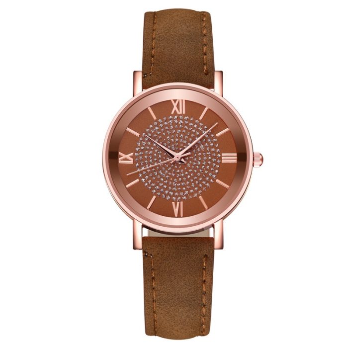 Dial Watches for Women Fashion Roman Scale Rhinestone Leather Ladies Quartz Watch Female Wrist Watch