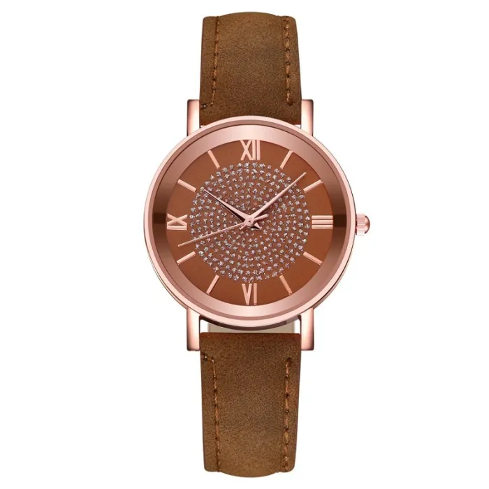 Dial Watches for Women Fashion Roman Scale Rhinestone Leather Ladies Quartz Watch Female Wrist Watch
