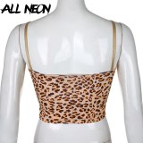 ALLNeon Y2K E-girl Leopard Criss-cross Lace Front Camis Tops Punk Style Fashion Summer Backless Crop Top Streetwear Party Wear