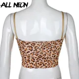 ALLNeon Y2K E-girl Leopard Criss-cross Lace Front Camis Tops Punk Style Fashion Summer Backless Crop Top Streetwear Party Wear