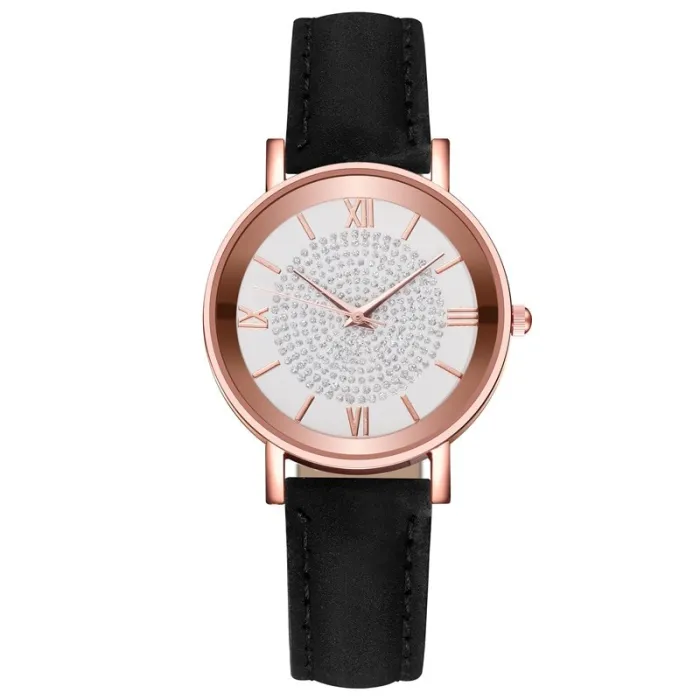 Dial Watches for Women Fashion Roman Scale Rhinestone Leather Ladies Quartz Watch Female Wrist Watch