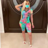 JRRY Women Tracksuit Two Pieces Set Mask Short Sleeve V Neck Top Short Pants 2 Pieces Set Outfits Skinny Elastic Outdoor Wear