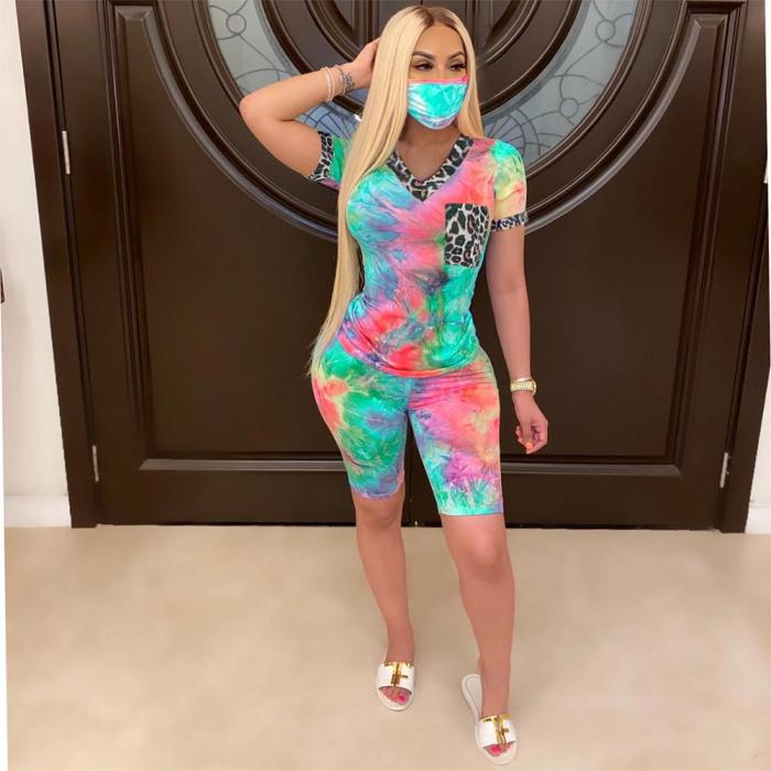JRRY Women Tracksuit Two Pieces Set Mask Short Sleeve V Neck Top Short Pants 2 Pieces Set Outfits Skinny Elastic Outdoor Wear