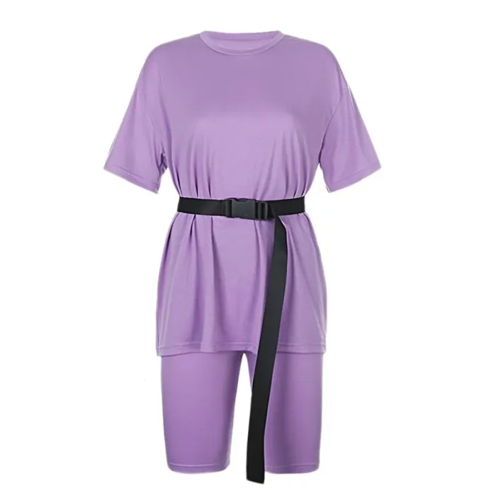Rapwriter Solid Summer Oversized Tshirt And Shorts Two Piece Set Women Slim Shorts Long Tee Shirt Outfits Femme Biker Track Suit