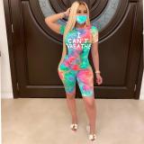 JRRY Women Tracksuit Two Pieces Set Mask Short Sleeve V Neck Top Short Pants 2 Pieces Set Outfits Skinny Elastic Outdoor Wear