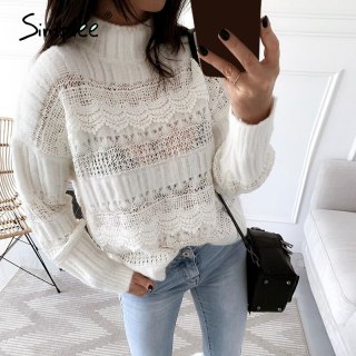 Simplee knitted hollow out sweater women Drop-shoulder  sleeve pullover Loose high-necked  white sweater autumn winter 2020