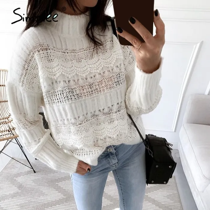 Simplee knitted hollow out sweater women Drop-shoulder  sleeve pullover Loose high-necked  white sweater autumn winter 2020