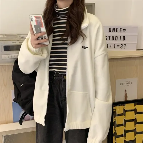 Jackets Women Loose Plus Velvet Zip-up Pockets Letter Casual Oversize BF Ulzzang Harajuku Daily Streetwear Womens Trendy New Hot