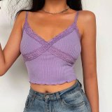 Waatfaak Patchwork Lace Y2K Summer Crop Top Women Pink Casual Cropped Tops Purple Tank Top Spaghetti Straps Camis Top E-girl
