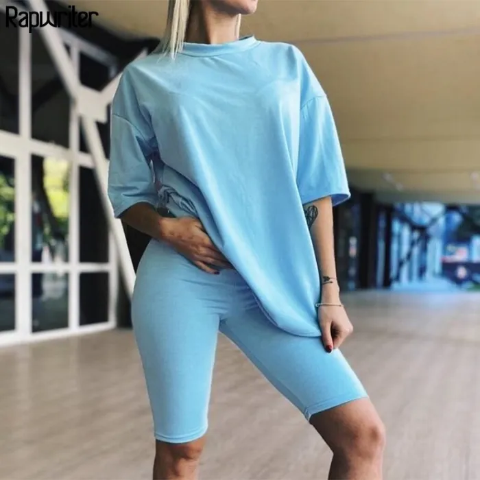 Rapwriter Solid Summer Oversized Tshirt And Shorts Two Piece Set Women Slim Shorts Long Tee Shirt Outfits Femme Biker Track Suit