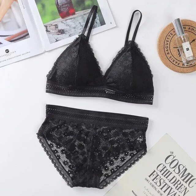 French women's lace sexy lace bra seamless deep V lace thin wireless bra triangle cup underwear sexy female underwear soft bra