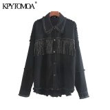 Vintage Stylish Fringe Beaded Oversized Jacket Coat Women 2020 Fashion Long Sleeve Frayed Trim Ladies Outerwear