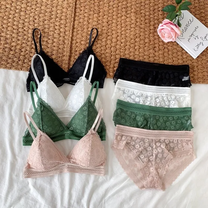 French women's lace sexy lace bra seamless deep V lace thin wireless bra triangle cup underwear sexy female underwear soft bra