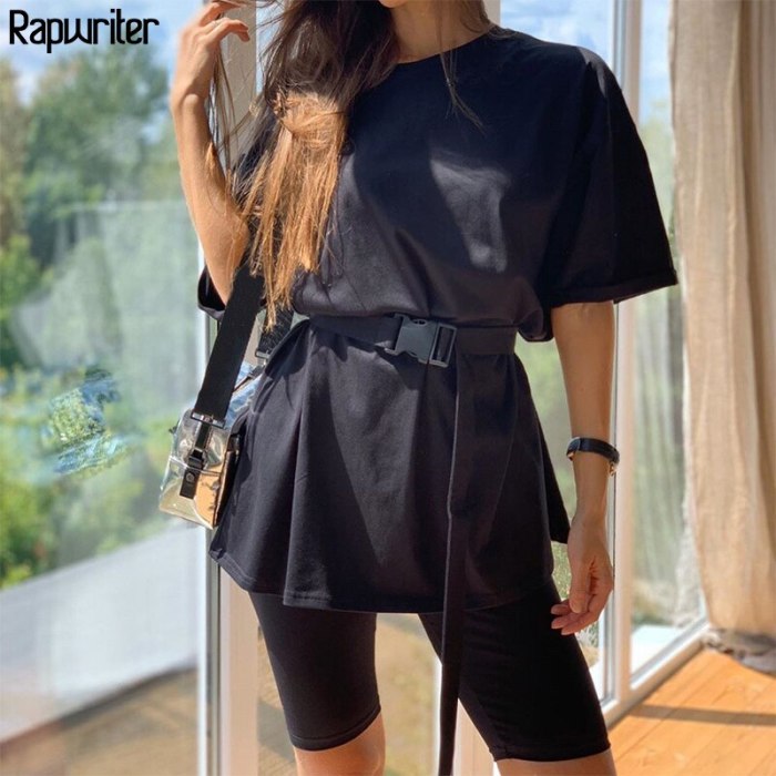 Rapwriter Solid Summer Oversized Tshirt And Shorts Two Piece Set Women Slim Shorts Long Tee Shirt Outfits Femme Biker Track Suit