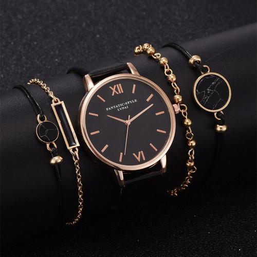 5pcs Set Top Style Fashion Women's Luxury Leather Band Analog Quartz WristWatch Ladies Watch Women Dress  Black Clock