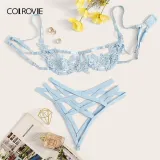 COLROVIE Blue Harness Appliques Underwire Sexy Women Intimates 2019 Black Thongs V-String Transparent Female Underwear Bra Set