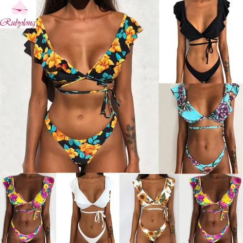 Rubylong 2019 Ruffles Bikini Women Sexy Vintage Swimsuit Brazilian Thong Bikini Set Female Retro Swimwear Push Up Bathing Suit