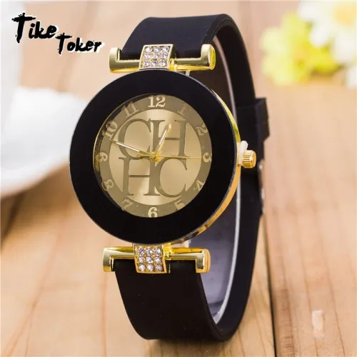 2020 Hot sale Fashion Black Geneva Casual CHHC Quartz Women watches Crystal Silicone Watches  men's Wrist Watch
